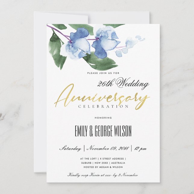 BLUE GREEN INK WASH WATERCOLOR FLORAL ANNIVERSARY INVITATION (Front)