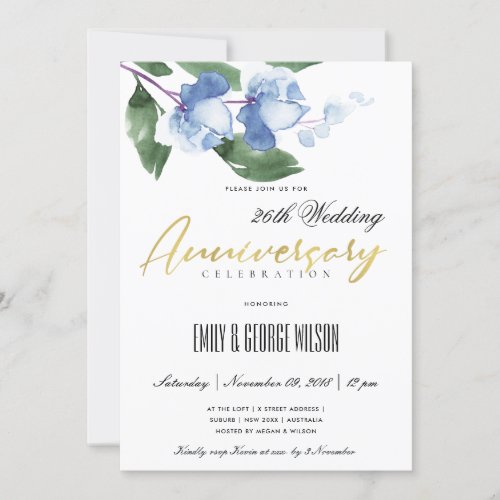 BLUE GREEN INK WASH WATERCOLOR FLORAL ANNIVERSARY INVITATION