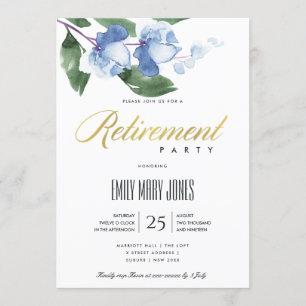BLUE GREEN INK WASH WATERCOLOR FLORAL RETIREMENT INVITATION
