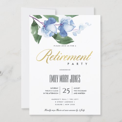 BLUE GREEN INK WASH WATERCOLOR FLORAL RETIREMENT INVITATION
