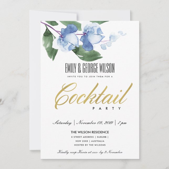 BLUE GREEN INK WATERCOLOR FLORAL COCKTAIL PARTY INVITATION (Front)