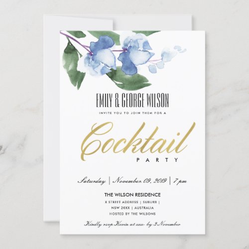 BLUE GREEN INK WATERCOLOR FLORAL COCKTAIL PARTY INVITATION