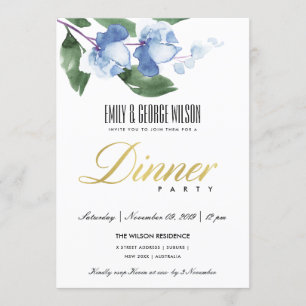BLUE GREEN INK WATERCOLOR FLORAL DINNER PARTY INVITATION