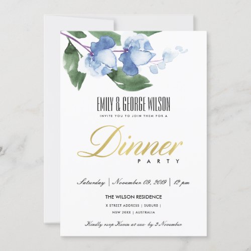 BLUE GREEN INK WATERCOLOR FLORAL DINNER PARTY INVITATION