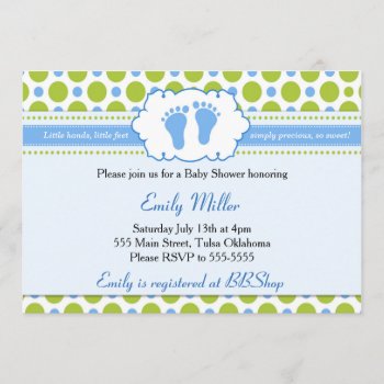 Blue Green Invitation Baby Boy Shower Polka Dots by pinkthecatdesign at Zazzle