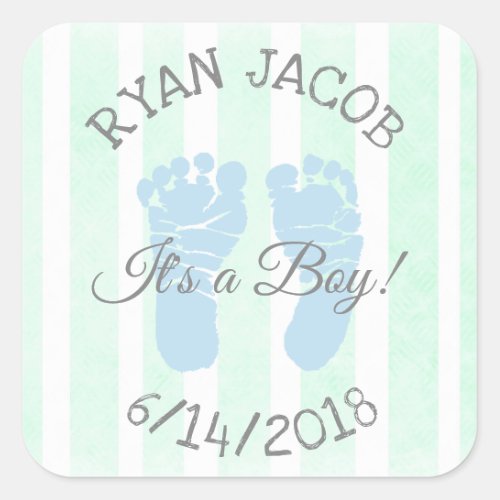 Blue Green Its a Boy Footprints Baby Shower Square Sticker