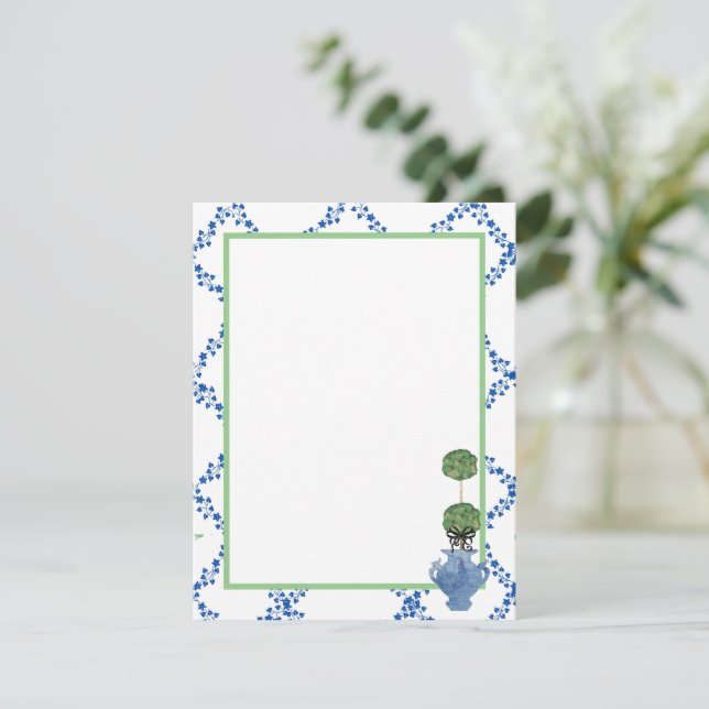 Blue Green Ivy Lattice Topiary Ginger Jar Jars Note Card (Standing Front)