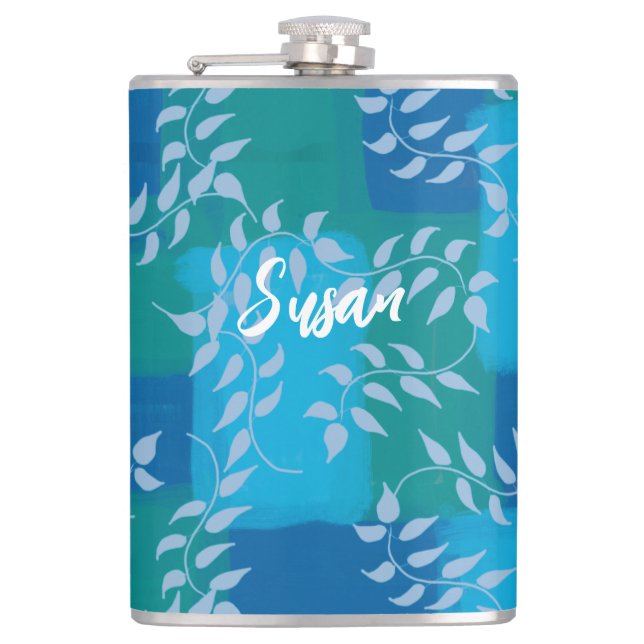 Blue Green Ivy Leaf Watercolor Flask (Front)