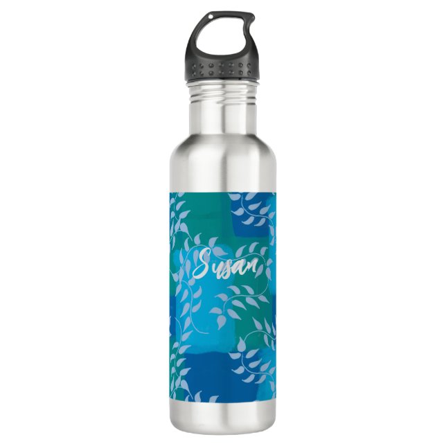 Blue Green Ivy Leaf Watercolor Stainless Steel Water Bottle (Front)
