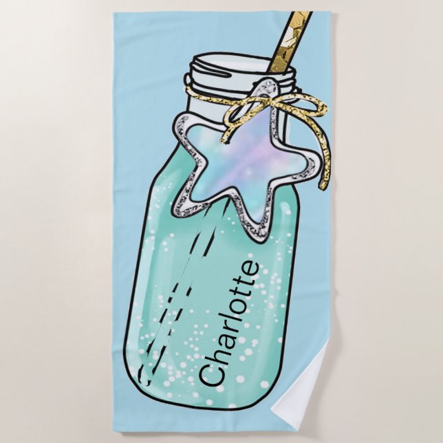 Blue green jar bottle name fun  beach towel (Front)