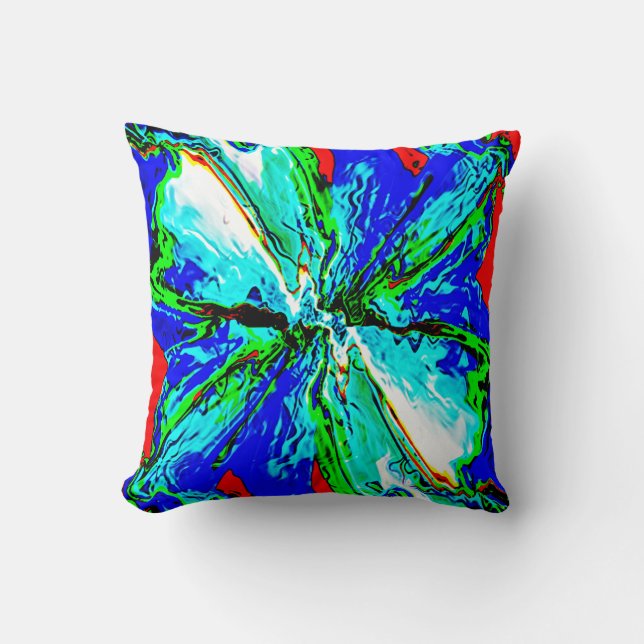 Blue Green Jewel Flower on Red Design Throw Pillow (Front)