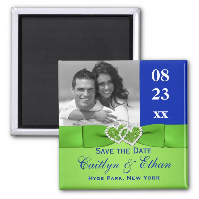Blue, Green Joined Hearts Save the Date Magnet (Front)