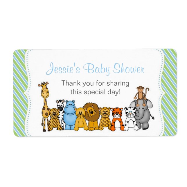 Blue Green Jungle Animals Water Bottle Favor Label (Front)