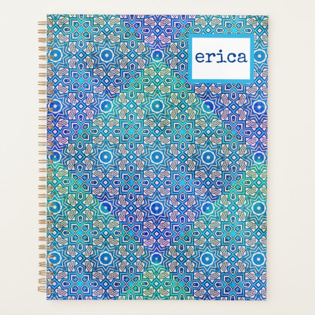 Blue Green Kaleidoscope Pattern Boho Name Planner (Front)