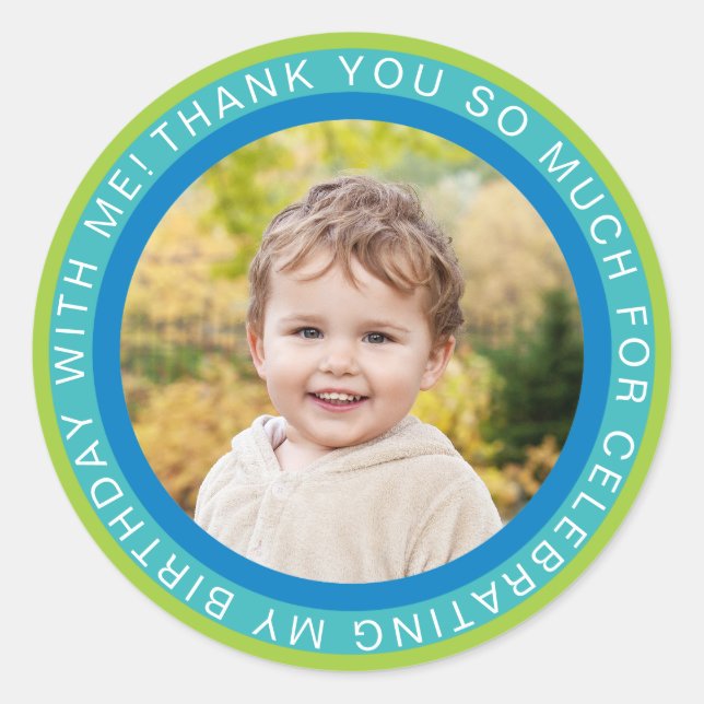 Blue Green Kids Photo Birthday Thank You Classic Round Sticker (Front)