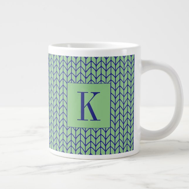 BLUE GREEN KNIT Big White Mug + Initial (Right)