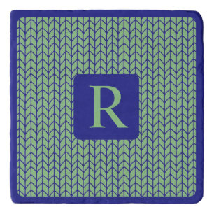 BLUE GREEN KNIT Marble Stone Trivet + Initial