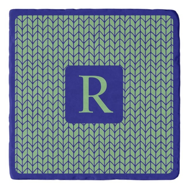 BLUE GREEN KNIT Marble Stone Trivet + Initial  (Front)