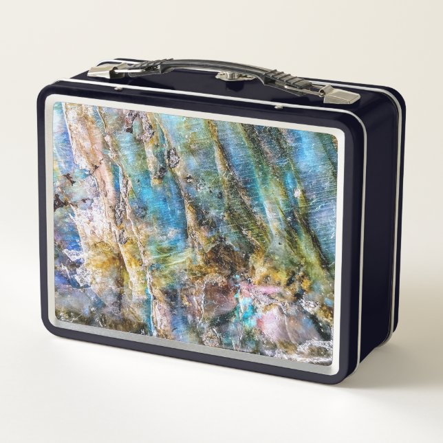 Blue Green Labradorite Gemstone Metal Lunch Box (Back)