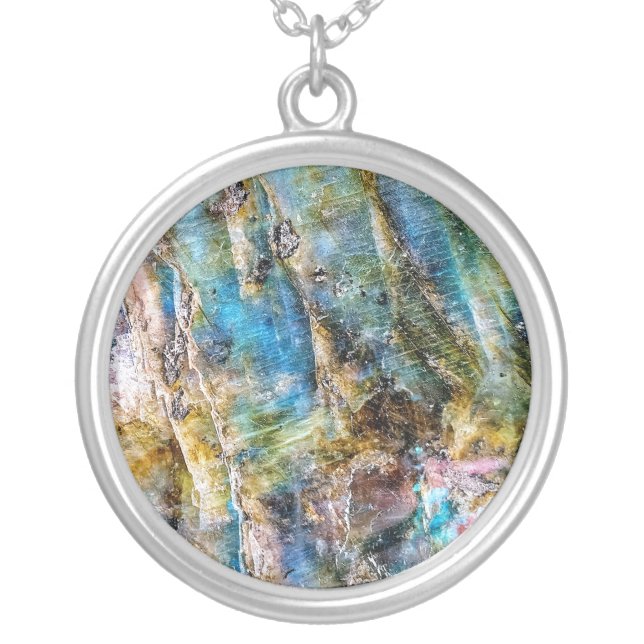 Blue Green Labradorite Gemstone Silver Plated Necklace (Front)