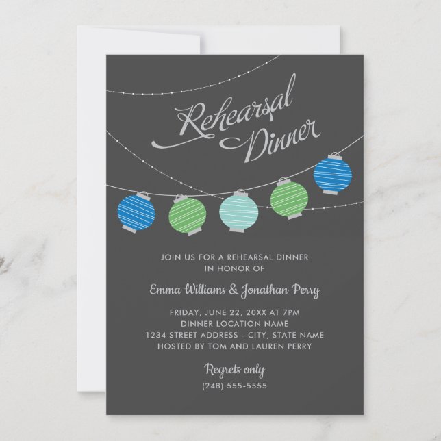 Blue Green Lantern Wedding Rehearsal Dinner Invitation (Front)