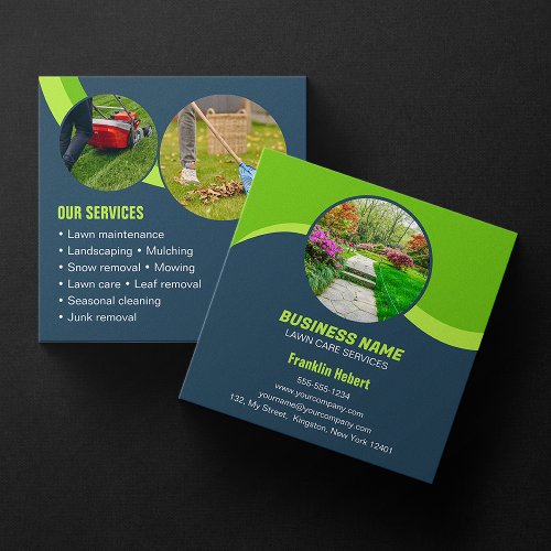 Blue Green Lawn Care Landscaping Mowing 3 Photo Bu Square Business Card