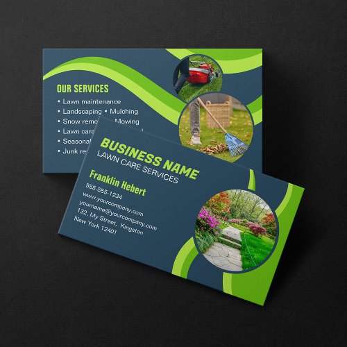 Blue Green Lawn Care Landscaping Mowing 3 Photo Business Card