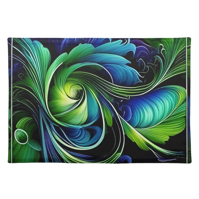 Blue Green Leafy abstract Cloth Placemat (Front)