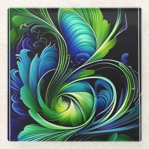 Blue Green Leafy abstract  Glass Coaster