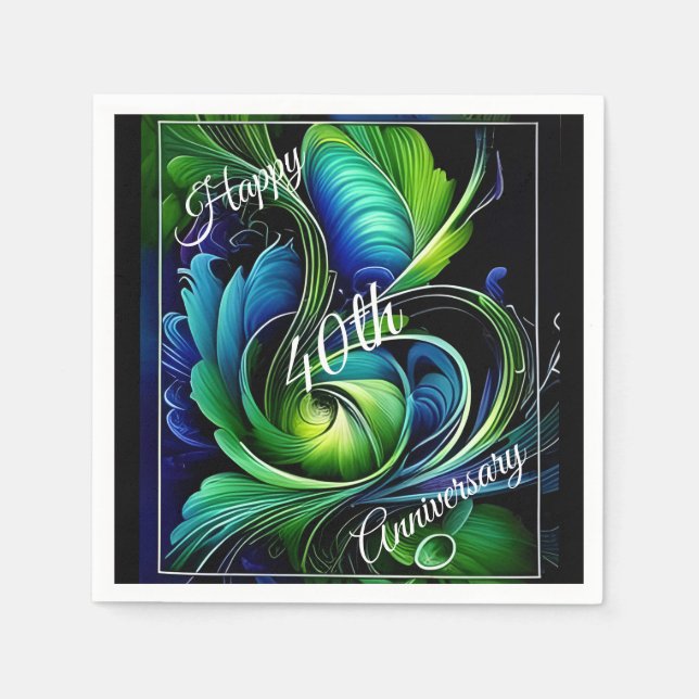 Blue Green Leafy abstract Happy Anniversary Napkins (Front)