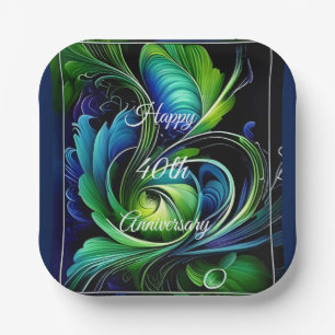 Blue Green Leafy abstract Happy Anniversary Paper Plates