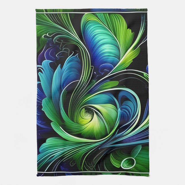 Blue Green Leafy abstract Kitchen Towel (Vertical)