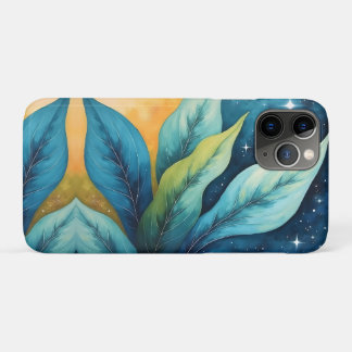 Blue Green Leaves Golden Sun and Stars iPhone 11 Pro Case