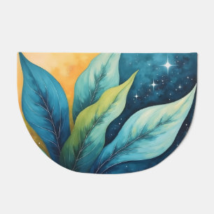 Blue Green Leaves Golden Sun and Stars Doormat