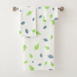 Blue & Green Leaves Pattern Bath Towel Set