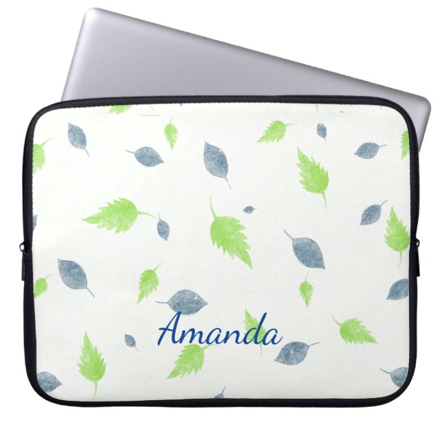 Blue & Green Leaves Pattern Laptop Sleeve (Front)