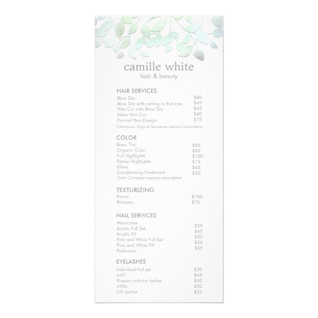 Blue Green Leaves Salon Price List Service Menu (Front)
