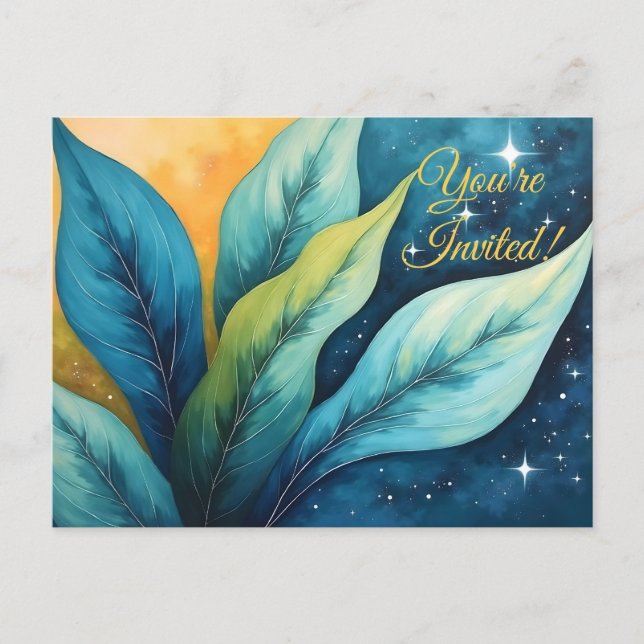 Blue Green Leaves Sun and Stars Invitation Postcard (Front)