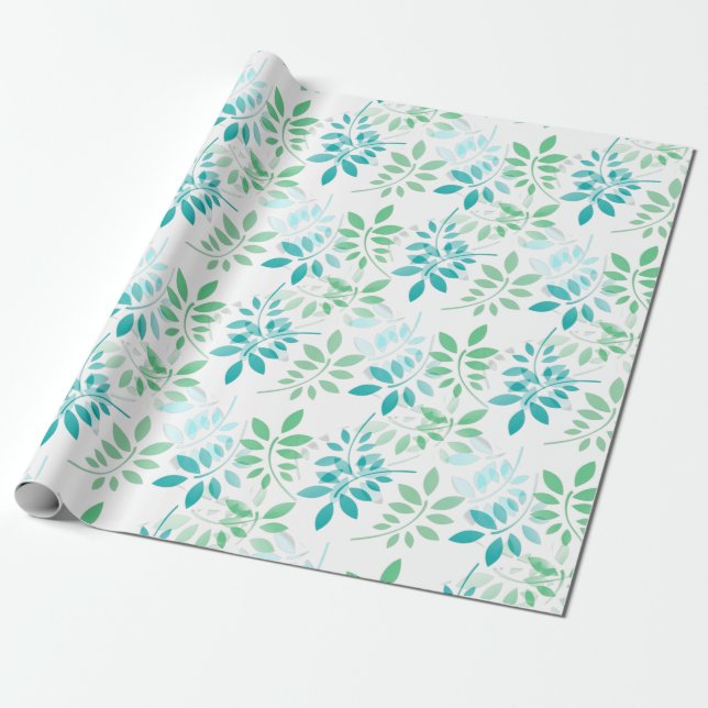 Blue Green Leaves Wrapping Paper (Unrolled)
