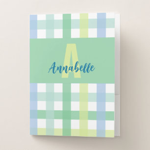 Blue Green Lime Gingham Pattern Monogram Pocket Folder