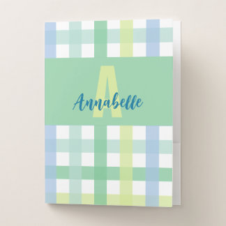 Blue Green Lime Gingham Pattern Monogram Pocket Folder