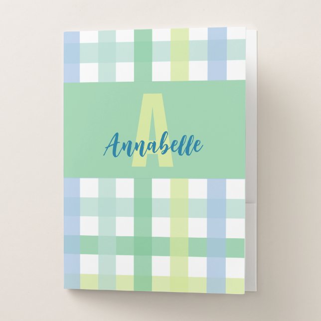 Blue Green Lime Gingham Pattern Monogram Pocket Folder (Front)