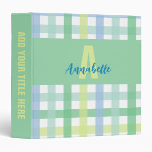 Blue Green Lime Pastel Gingham Pattern Monogram 3 Ring Binder