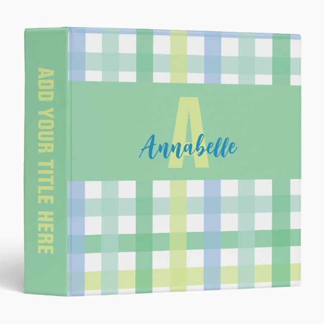 Blue Green Lime Pastel Gingham Pattern Monogram 3 Ring Binder (Front/Spine)
