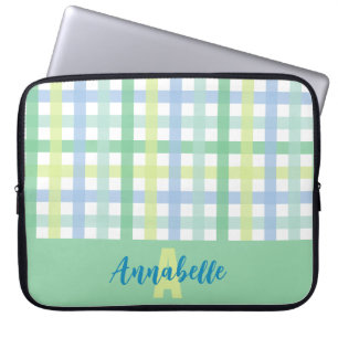 Blue Green Lime Pastel Gingham Pattern Monogram Laptop Sleeve