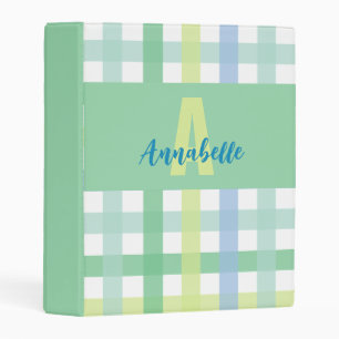 Blue Green Lime Pastel Gingham Pattern Monogram Mini Binder
