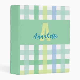 Blue Green Lime Pastel Gingham Pattern Monogram Mini Binder