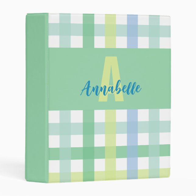 Blue Green Lime Pastel Gingham Pattern Monogram Mini Binder (Front/Spine)