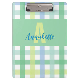 Blue Green Lime Pastel Monogram Gingham Pattern  Clipboard