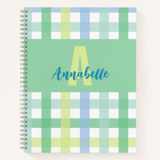Blue Green Lime Pastel Monogram Gingham Pattern  Notebook